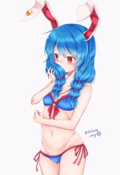 Rule 34 | 1girl, animal ears, artist name, bare arms, bare shoulders, bikini, blue bikini, blue hair, breasts, chikuwa savy, collarbone, commentary request, cowboy shot, crescent, front-tie bikini top, front-tie top, grey background, groin, highres, holding, holding own hair, long hair, multi-tied hair, navel, rabbit ears, red eyes, seiran (touhou), side-tie bikini bottom, simple background, small breasts, solo, standing, star (symbol), stomach, swimsuit, thighs, touhou, twitter username