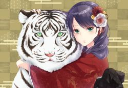Rule 34 | 1girl, animal, animal hug, arm up, black hair, braid, brown nails, checkered background, chinese zodiac, closed mouth, crown braid, egasumi, flower, green eyes, hair flower, hair ornament, hand on another&#039;s head, highres, japanese clothes, kimono, kuune rin, long hair, long sleeves, nail polish, obi, original, red flower, red kimono, rose, sash, solo, tiger, white flower, white rose, white tiger, wide sleeves, year of the tiger