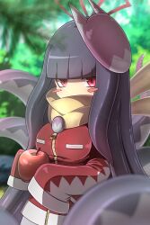 Rule 34 | 1girl, apple, blunt bangs, blurry, blush stickers, breasts, commentary, covered mouth, day, depth of field, english commentary, food, forest, fox mask, fruit, highres, hime cut, holding, holding food, holding fruit, jacket, large breasts, long hair, long sleeves, looking at viewer, mask, mask on head, mon-musu quest!, mon-musu quest: paradox, monster girl, nature, nuruko, outdoors, purple hair, red eyes, red jacket, scarf, scarf over mouth, scylla, sent99, sleeves past fingers, sleeves past wrists, slit pupils, solo, tentacle hair, tentacles, upper body, very long hair, yellow scarf, zipper