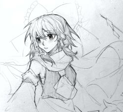 Rule 34 | 1girl, ascot, breasts, chinese commentary, commentary request, detached sleeves, frilled ribbon, frills, graphite (medium), greyscale, hair ribbon, hair tubes, hakurei reimu, highres, medium hair, monochrome, parted lips, ribbon, scarf, shirt, sketch, sleeveless, sleeveless shirt, small breasts, solo, touhou, traditional media, xianyujunzhimiyingla
