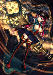 Rule 34 | 1girl, aqua eyes, belt, between breasts, boots, breasts, cleavage cutout, clothing cutout, cross-laced footwear, dual wielding, elbow gloves, falseele, gatling gun, gloves, gun, hat, highres, holding, holster, lace-up boots, large breasts, long hair, military hat, necktie, necktie between breasts, open mouth, original, pink hair, rocket launcher, skirt, solo, thigh boots, thigh holster, thighhighs, twintails, weapon