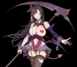 Rule 34 | 1girl, alternate costume, animal ears, atago (azur lane), azur lane, black background, black thighhighs, blush, breasts, breasts out, clothing cutout, cowboy shot, cuffs, demon horns, demon tail, detached sleeves, floating hair, garter straps, grey skirt, heart pasties, holding, holding weapon, horns, large breasts, leotard, long hair, looking at viewer, microskirt, navel, navel cutout, one eye closed, outstretched arm, parted lips, pasties, pleated skirt, purple leotard, red cucumber, scythe, shackles, short hair with long locks, simple background, skirt, smile, solo, swept bangs, tail, thighhighs, torn clothes, torn thighhighs, weapon