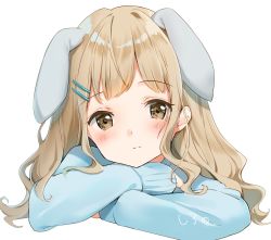 Rule 34 | 1girl, animal ears, blonde hair, blue sweater, hair ornament, hairclip, highres, kinako (shiratama mochi), long hair, long sleeves, looking at viewer, original, rabbit ears, simple background, solo, sweater, white background, yellow eyes