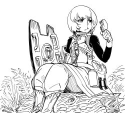 Rule 34 | 1girl, :t, bad id, bb (baalbuddy), boots, eating, etrian odyssey, food, food on face, fortress (sekaiju), fried chicken, grass, greyscale, hand up, highres, holding, holding food, holding shield, inactive account, legs together, long sleeves, monochrome, pouch, sekaiju no meikyuu, sekaiju no meikyuu 3, shield, short hair, simple background, sitting, solo, white background