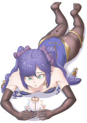Rule 34 | 1girl, absurdres, ass, bare shoulders, blush, bow, breast press, breasts, cameo, choocob, elbow gloves, from above, genshin impact, gloves, green eyes, hair bow, hair ornament, highres, huge ass, leotard, long hair, lying, mona (genshin impact), on stomach, paimon (genshin impact), pantyhose, purple hair, shiny clothes, shiny skin, simple background, solo, stuffed animal, stuffed toy, twintails, very long hair, white background
