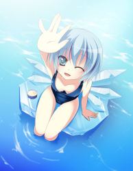 Rule 34 | 1girl, blue eyes, blue hair, can, chibi arisu, cirno, downblouse, from above, highres, ice, matching hair/eyes, one-piece swimsuit, one eye closed, short hair, sitting, soaking feet, solo, swimsuit, touhou, v, water, wings, wink