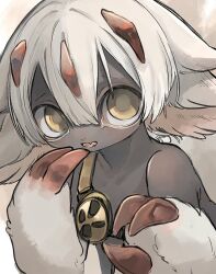 Rule 34 | 1girl, 50 ior, animal ears, dark-skinned female, dark skin, fang, fangs, faputa, fewer digits, goggles, goggles around breasts, hair between eyes, hands up, highres, horns, light smile, looking at viewer, made in abyss, monster girl, multiple tails, open mouth, short hair, simple background, skin fang, solo, tail, upper body, white background, white fur, white hair, yellow eyes