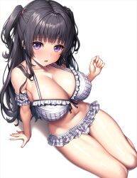 Rule 34 | 1girl, bang dream!, bare shoulders, bikini, black hair, blush, breasts, cleavage, collarbone, commentary, frills, hair ornament, lambda (kusowarota), large breasts, long hair, looking at viewer, navel, parted lips, purple eyes, shirokane rinko, simple background, sitting, solo, swimsuit, thighs, two side up, white background, white bikini