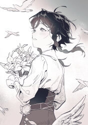 Rule 34 | 1boy, absurdres, bird, blush, bouquet, braid, commentary request, corset, flower, fridaynightcat, frilled sleeves, frills, from side, genshin impact, greyscale, highres, holding, holding bouquet, juliet sleeves, long sleeves, male focus, monochrome, open mouth, profile, puffy sleeves, shirt, short hair with long locks, side braids, solo, standing, twin braids, upper body, venti (genshin impact), vision (genshin impact), white shirt