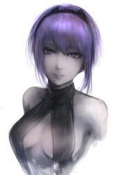 Rule 34 | 1girl, absurdres, bare shoulders, breasts, cleavage, dark skin, dark-skinned female, fate/prototype, fate/prototype: fragments of blue and silver, fate (series), hassan of serenity (fate), highres, hometa, looking at viewer, purple eyes, purple hair, revealing clothes, short hair, simple background, sketch, smile, solo, white background