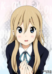 Rule 34 | 1girl, artist name, blonde hair, blue eyes, blush, k-on!, long hair, looking at viewer, official style, open mouth, saitou sumire, school uniform, signature, solo, yamasaki wataru
