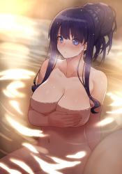 Rule 34 | 1girl, alternate hairstyle, bathing, breasts, completely nude, covering privates, covering breasts, fate/grand order, fate (series), hair bun, highres, large breasts, long hair, martha (fate), nude, partially submerged, pononozo, purple eyes, purple hair, sidelocks, single hair bun, sitting, solo focus