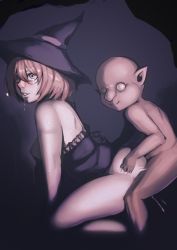 Rule 34 | 10s, 1boy, 1girl, ass grab, bald, bare shoulders, big nose, bottomless, breasts, clothed female nude male, clothed sex, commentary, doggystyle, dress, drooling, dual berettas, empty eyes, english commentary, fucked silly, glasses, goblin, goblin slayer!, hair between eyes, hat, hetero, highres, incest, large breasts, lips, monster boy, mother and son, nipples, no bra, no pupils, nose, nude, semi-rimless eyewear, sepia, sex, sex from behind, short hair, strapless, strapless dress, thighs, under-rim eyewear, wizard (goblin slayer!), wizard hat