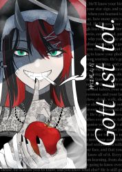 Rule 34 | 1girl, nanashi inc., absurdres, apple, black gloves, black hair, black nails, cigarette, commentary request, cross, cross earrings, demon girl, demon horns, earrings, english text, finger to mouth, food, fruit, german text, gloves, green eyes, grin, habit, highres, holding, holding food, holding fruit, horns, jewelry, lace, lace gloves, long hair, looking at viewer, multicolored hair, nail polish, red apple, red hair, ryugasaki rene, smile, smoke, smoking, solo, sugar lyric, temuzin 1206, translated, two-tone hair, upper body, virtual youtuber