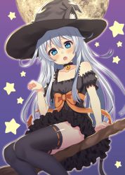 Rule 34 | 10s, 1girl, alternate costume, animal ears, bell, black dress, black thighhighs, blue eyes, blush, broom, broom riding, cat ears, cat tail, choker, dress, ears through headwear, fang, frilled dress, frills, halloween, hat, hibiki (kancolle), kantai collection, kemonomimi mode, long hair, looking at viewer, md5 mismatch, moon, resolution mismatch, silver hair, solo, star (symbol), tail, thighhighs, toujou mina, witch hat