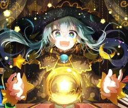 Rule 34 | 1girl, black dress, blue eyes, blue hair, capelet, crescent, crystal ball, curtains, dress, hatsune miku, long hair, long sleeves, looking at viewer, matching hair/eyes, open mouth, qys3, smile, solo, space, star-shaped pupils, star (symbol), symbol-shaped pupils, twintails, very long hair, vocaloid
