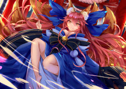 Rule 34 | 10s, 1girl, animal ears, bare shoulders, barefoot, breasts, cleavage, detached sleeves, faicha, fate/extra, fate/grand order, fate (series), fox ears, fox tail, hair ribbon, japanese clothes, large breasts, light smile, long hair, looking at viewer, multiple tails, official alternate costume, pink hair, ribbon, solo, tail, tamamo (fate), tamamo no mae (fate/extra), tamamo no mae (third ascension) (fate), torii, yellow eyes