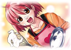 Rule 34 | 1girl, ahoge, aino heart, apron, aq interactive, arcana heart, atlus, brown eyes, cooking, cream, examu, looking at viewer, official art, red hair, sleeves rolled up, solo