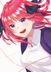 Rule 34 | :d, absurdres, black ribbon, blue eyes, blunt bangs, blush, breasts, butterfly hair ornament, cardigan, go-toubun no hanayome, hair ornament, highres, large breasts, looking at viewer, nakano nino, open cardigan, open clothes, open mouth, pink hair, purple cardigan, ribbon, sakura raku, shirt, simple background, smile, solo, sparkling eyes, string, string of fate, twintails, white background, white shirt
