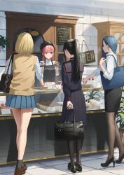 Rule 34 | 4girls, absurdres, apron, bag, black apron, black bag, black choker, black footwear, black hair, black pantyhose, black serafuku, black skirt, black socks, blonde hair, blue eyes, blue hair, blue skirt, bracelet, breasts, brown footwear, cabinet, cake, choker, closed mouth, collared shirt, commentary request, dangle earrings, earrings, enokawa kokoro (hara kenshi), fingernails, food, from behind, full body, hara kenshi, high heels, highres, holding, holding bag, holding notepad, holding pencil, indoors, jewelry, kimishima touka, kunitomi ryouka, kuroba mitsuha, loafers, long hair, looking at another, medium breasts, multiple girls, notepad, office lady, open sign, original, pantyhose, pastry, pencil, pencil skirt, pink hair, plant, pleated skirt, pointing, ponytail, school bag, school uniform, serafuku, shirt, shoes, short hair, skirt, small breasts, socks, standing, strawberry cake, stud earrings, sweat, sweatdrop, sweater vest, tile floor, tiles, twintails, white shirt