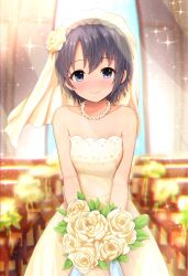 Rule 34 | 1girl, bare shoulders, blurry, blurry background, blush, bouquet, bridal veil, chair, church, closed mouth, collarbone, cowboy shot, dress, earrings, flat chest, flower, grey eyes, grey hair, hair flower, hair ornament, highres, holding, holding bouquet, idolmaster, idolmaster cinderella girls, idolmaster cinderella girls starlight stage, indoors, jewelry, looking at viewer, m172/minatsu, necklace, otokura yuuki, pearl necklace, rose, short hair, sleeveless, sleeveless dress, smile, solo, sparkle, standing, strapless, strapless dress, sunlight, veil, wedding dress, white dress, white flower, white rose