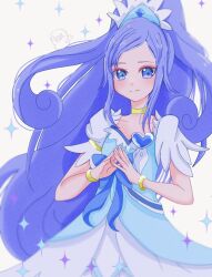 Rule 34 | 1girl, blue bow, blue eyes, blue hair, bow, bracelet, brooch, choker, collarbone, cowboy shot, crystal earrings, cure diamond, dokidoki! precure, earrings, hair ornament, heart, heart brooch, high ponytail, highres, jewelry, long hair, magical girl, noacure f, ponytail, precure, short sleeves, signature, smile, solo, sparkle background, white background, yellow choker
