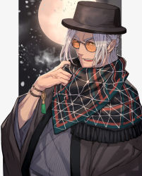 Rule 34 | 1boy, arurandeisu, bracelet, facial hair, glasses, goatee, green eyes, grey hair, highres, holding, holostars, jacket, jewelry, lack, looking at viewer, male focus, open mouth, scarf, short hair, smile, solo, virtual youtuber