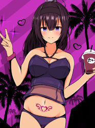 Rule 34 | 1girl, abataa, absurdres, ahoge, akizuki (kancolle), bikini, black hair, black headband, blue eyes, breasts, clothes writing, cowboy shot, cup, disposable cup, drinking straw, hachimaki, headband, heart, heart tattoo, highres, holding, holding cup, kantai collection, large breasts, navel, ponytail, pubic tattoo, purple bikini, smile, solo, standing, stomach tattoo, swimsuit, tattoo, v