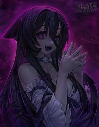 Rule 34 | 1girl, :d, @ @, black hair, bow, breasts, choker, collarbone, commission, detached sleeves, dress, fangs, flower choker, hair between eyes, hair bow, hair flaps, highres, large breasts, long hair, looking at viewer, open mouth, original, own hands together, purple background, purple eyes, simple background, smile, solo, v1v404, very long hair, virtual youtuber, white dress