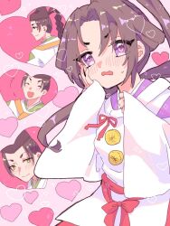 Rule 34 | 2boys, age difference, black hair, blush, bow, clenched hand, closed eyes, closed mouth, cowboy shot, green eyes, hand on own cheek, hand on own face, hat, heart, heart-shaped pupils, heart border, heart print, houjou tokiyuki (nige jouzu no wakagimi), japanese clothes, kariginu, kimono, laughing, long hair, long sleeves, looking at viewer, low-tied long hair, male focus, multiple boys, multiple views, nige jouzu no wakagimi, onii-shota, open mouth, parted bangs, pink background, pink pupils, ponytail, profile, purple eyes, red sash, sash, she oxo lol, sidelocks tied back, sleeves past wrists, small sweatdrop, smile, sparkle, suwa yorishige, symbol-shaped pupils, tate eboshi, upper body, v-shaped eyebrows, very long hair, wavy mouth, wide sleeves, yaoi