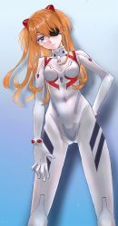 Rule 34 | 1girl, blue eyes, bodysuit, breasts, covered navel, curvy, evangelion: 3.0+1.0 thrice upon a time, eyebrows, eyepatch, gloves, hair ornament, hand on own hip, highres, long hair, looking at viewer, medium breasts, neon genesis evangelion, one eye covered, orange hair, plugsuit, rebuild of evangelion, red background, see-through, see-through bodysuit, signature, simple background, solo, souryuu asuka langley, standing, two side up, white bodysuit, white gloves, wide hips