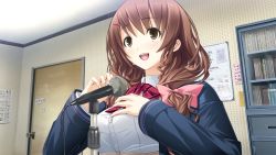Rule 34 | 1girl, blush, bow, bowtie, breasts, brown eyes, brown hair, door, game cg, hair ornament, hairclip, happy, hotch kiss, indoors, large breasts, long hair, microphone, mikoto akemi, music, open mouth, school uniform, singing, solo