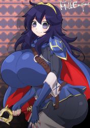 Rule 34 | 1girl, @ @, alternate breast size, ass, black hair, breasts, cosplay, creatures (company), fire emblem, fire emblem awakening, game freak, hex maniac (pokemon), highres, huge ass, huge breasts, impossible clothes, impossible shirt, kyosuke fujiwara, long hair, looking at viewer, lucina (fire emblem), lucina (fire emblem) (cosplay), mature female, messy hair, nintendo, pokemon, pokemon xy, purple eyes, purple hair, shirt, solo, tagme, tight clothes