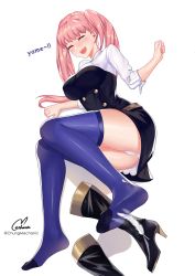 Rule 34 | 1girl, black footwear, blue thighhighs, boots, unworn boots, breasts, chungmechanic, english text, closed eyes, feet, fire emblem, fire emblem: three houses, tickling feet, garreg mach monastery uniform, high heel boots, high heels, highres, hilda valentine goneril, large breasts, laughing, long hair, nintendo, no shoes, panties, pantyshot, pink hair, simple background, smile, soles, solo, thighhighs, thighs, tickling, twintails, underwear, upskirt, white background, white panties, zettai ryouiki