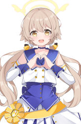Rule 34 | 1girl, absurdres, blue archive, blush, detached sleeves, hair between eyes, halo, heart, heart hands, hifumi (blue archive), highres, light brown hair, long hair, looking at viewer, low twintails, mischievous straight uniform (blue archive), open mouth, simple background, skirt, smile, solo, twintails, white background, white skirt, yellow eyes, yellow halo, yoi0341