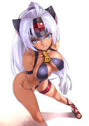 Rule 34 | 00s, 1girl, akinaie, bikini, blue eyes, breasts, cleavage, covering privates, covering crotch, cyborg, dark-skinned female, dark skin, highres, hip focus, large breasts, long hair, parted lips, sandals, silver hair, solo, swimsuit, t-elos, thigh strap, xenosaga