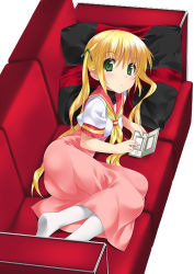 Rule 34 | 00s, 1girl, blonde hair, couch, feet, from above, green eyes, handheld game console, hayate no gotoku!, looking at viewer, lying, mizuki makoto, nintendo ds, on side, pillow, playing games, red upholstery, sanzen&#039;in nagi, school uniform, serafuku, simple background, solo, staring, twintails, video game