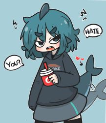 Rule 34 | 1girl, afterimage, arrow (symbol), black hoodie, black thighhighs, blue background, blue eyes, blue hair, blush, commentary request, cup, disposable cup, drinking straw, fins, fish tail, fuka-chan, grey skirt, heart, highres, holding, holding cup, hood, hood down, hoodie, looking at viewer, open mouth, original, shark tail, sharp teeth, short eyebrows, simple background, skirt, solo, tail, tail wagging, teeth, thick eyebrows, thighhighs, uni souchou, upper teeth only, v-shaped eyebrows