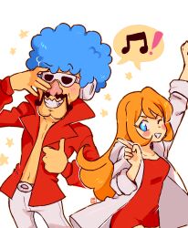Rule 34 | !, 1boy, 1girl, adjusting eyewear, afro, arm up, belt, big nose, blue eyes, blue hair, blush stickers, clenched hand, collarbone, collared jacket, cutie-png, denim, dress, eyelashes, facial hair, grey belt, hand on eyewear, headphones, hood, hooded jacket, jacket, jeans, jimmy t, long hair, long sleeves, mona (warioware), musical note, mustache, nintendo, no shirt, one eye closed, orange hair, pants, pointing, red dress, red jacket, shared speech bubble, short dress, sidelocks, smile, speech bubble, spoken exclamation mark, spoken musical note, star (symbol), straight hair, sunglasses, teeth, thumbs up, triangular eyewear, v-shaped eyebrows, warioware, wavy eyebrows, white-framed eyewear, white background, white headphones, white jacket, white pants