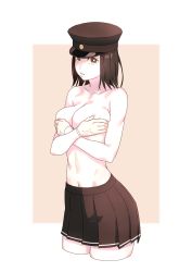 Rule 34 | 1girl, akitsu maru (kancolle), black hair, black hat, black skirt, breasts, bright pupils, brown eyes, cleavage, collarbone, colored skin, commentary request, covering breasts, covering privates, cowboy shot, cropped legs, gloves, hat, highres, kantai collection, large breasts, looking at viewer, navel, parted lips, peaked cap, pentagram, pink background, pleated skirt, short hair, skirt, solo, topless, white background, white gloves, white skin, yuuji (and)
