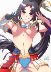 Rule 34 | 1girl, :p, armor, armpits, asymmetrical sleeves, black hair, blue eyes, blue panties, blush, breasts, fate/grand order, fate (series), gluteal fold, hat, irc, lifting own clothes, long hair, looking at viewer, mismatched sleeves, navel, nipples, panties, pom pom (clothes), revealing clothes, scalizo, side ponytail, smile, solo, spread legs, tongue, tongue out, underwear, ushiwakamaru (fate), very long hair