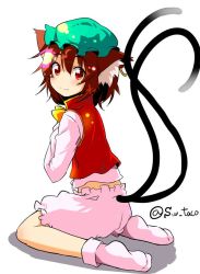 Rule 34 | 1girl, animal ears, bloomers, brown eyes, brown hair, cat ears, cat tail, chen, earrings, hat, jewelry, looking at viewer, looking back, multiple tails, nekomata, no shoes, seiza, short hair, simple background, sitting, smile, socks, solo, sw (taco), tail, touhou, twitter username, two tails, underwear, white background