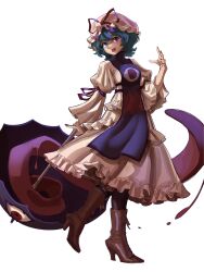 Rule 34 | absurdres, blue eyes, blue hair, boots, brown footwear, commission, cross-laced footwear, dress, hat, hat ribbon, heterochromia, high heel boots, high heels, highres, holding, holding umbrella, lace-up boots, mob cap, nezo, puffy sleeves, purple tabard, red eyes, ribbon, standing, tabard, tatara kogasa, tongue, touhou, transparent background, umbrella, white dress, wide sleeves, yakumo yukari