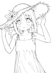 Rule 34 | + +, 1girl, :o, arm up, bare arms, bare shoulders, blush, collarbone, dress, flower, greyscale, hand up, hat, hat flower, highres, looking at viewer, monochrome, oka asahi, onii-chan wa oshimai!, parted bangs, parted lips, seramikku, simple background, sleeveless, sleeveless dress, solo, straw hat, white background