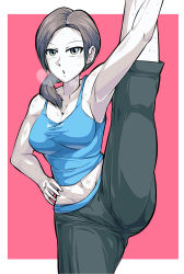 Rule 34 | 1girl, armpits, black hair, breasts, colored skin, highres, long hair, looking at viewer, midriff, navel, nintendo, open mouth, ponytail, shimure (460), solo, split, standing, standing on one leg, standing split, super smash bros., tank top, white skin, wii fit, wii fit trainer, wii fit trainer (female)