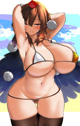 Rule 34 | 1girl, absurdres, akure ekuto, areola slip, arm up, armpits, bare arms, bare shoulders, bikini, black thighhighs, black wings, breasts, brown hair, cleavage, cowboy shot, curvy, feathered wings, gluteal fold, hat, highres, huge breasts, long hair, looking at viewer, lowleg, lowleg bikini, micro bikini, naughty face, pom pom (clothes), red eyes, red hat, shameimaru aya, solo, stomach, swimsuit, thigh gap, thighhighs, tokin hat, touhou, wings