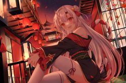 Rule 34 | 1girl, :d, architecture, bell, blush, colored tips, commentary request, dutch angle, east asian architecture, hair bell, hair bun, hair ornament, haruhitooo, highres, hololive, horns, kouhaku nawa, lantern, long hair, long sleeves, looking at viewer, multicolored hair, nakiri ayame, nakiri ayame (1st costume), night, open mouth, paper lantern, red eyes, red hair, rope, shimenawa, sitting, skin-covered horns, smile, solo, streaked hair, thighhighs, thighs, virtual youtuber, white hair, white thighhighs