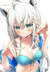 Rule 34 | 1girl, ahoge, animal ears, aqua bikini, aqua skirt, bare shoulders, bikini, blue jacket, blush, braid, closed mouth, collarbone, commentary request, ear piercing, fox ears, fox girl, fox shadow puppet, front-tie bikini top, front-tie top, green eyes, hair between eyes, halterneck, hands up, highres, hololive, jacket, kito koruta, long hair, looking at viewer, navel, off shoulder, open mouth, piercing, shirakami fubuki, shirakami fubuki (hololive summer 2019), short sleeves, silver hair, simple background, skirt, smile, solo, stomach, swimsuit, upper body, very long hair, virtual youtuber, white background