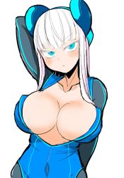 Rule 34 | 1girl, arm behind back, arm behind head, arm up, blue bodysuit, blue dress, blue eyes, blunt bangs, blush, bodysuit, breasts, cleavage, closed mouth, collarbone, commentary request, dress, electro emilia, head tilt, headgear, hime cut, ken (koala), large breasts, long hair, looking at viewer, neon trim, original, pale skin, short dress, simple background, skin tight, solo, upper body, white background, white hair