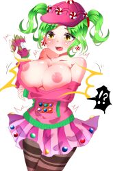 Rule 34 | !?, artist request, bare shoulders, blush, breasts, breasts out, cleavage, collarbone, earrings, eyelashes, fortnite, green hair, hat, highres, jacket, jewelry, large breasts, motion lines, nipples, no bra, open mouth, pantyhose, pink jacket, pink skirt, raised eyebrows, short hair, simple background, skirt, star (symbol), star earrings, tagme, teeth, tongue, twintails, upper teeth only, wardrobe malfunction, white background, yellow eyes, zoey (fortnite)